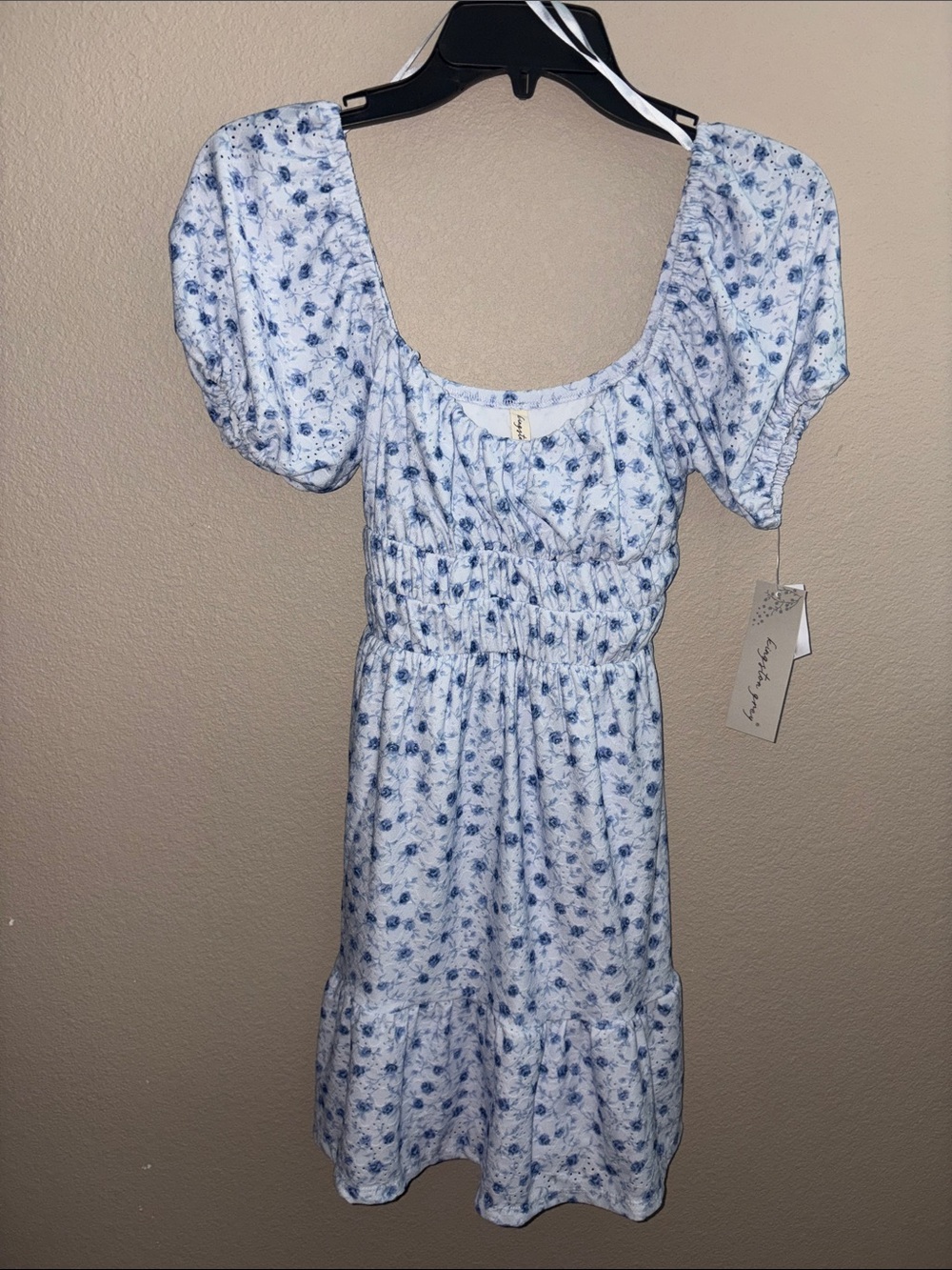 Kingston White and Blue Floral Puff Sleeve Dress